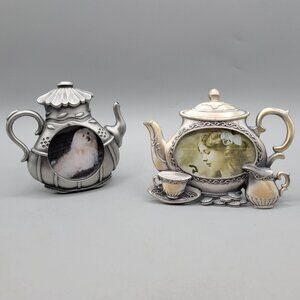 Teapot Shaped Miniature Photo Frames Victorian Style Design Metal Set of 2